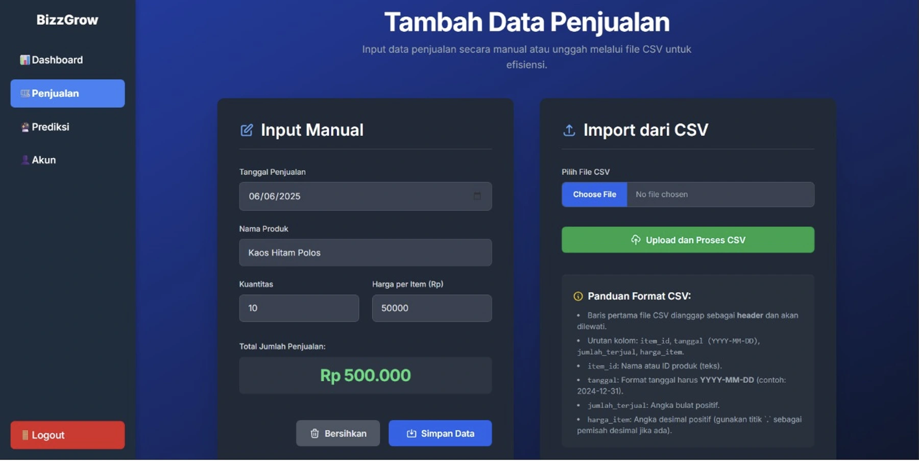 BizzGrow web forms for manual sales entry and CSV import