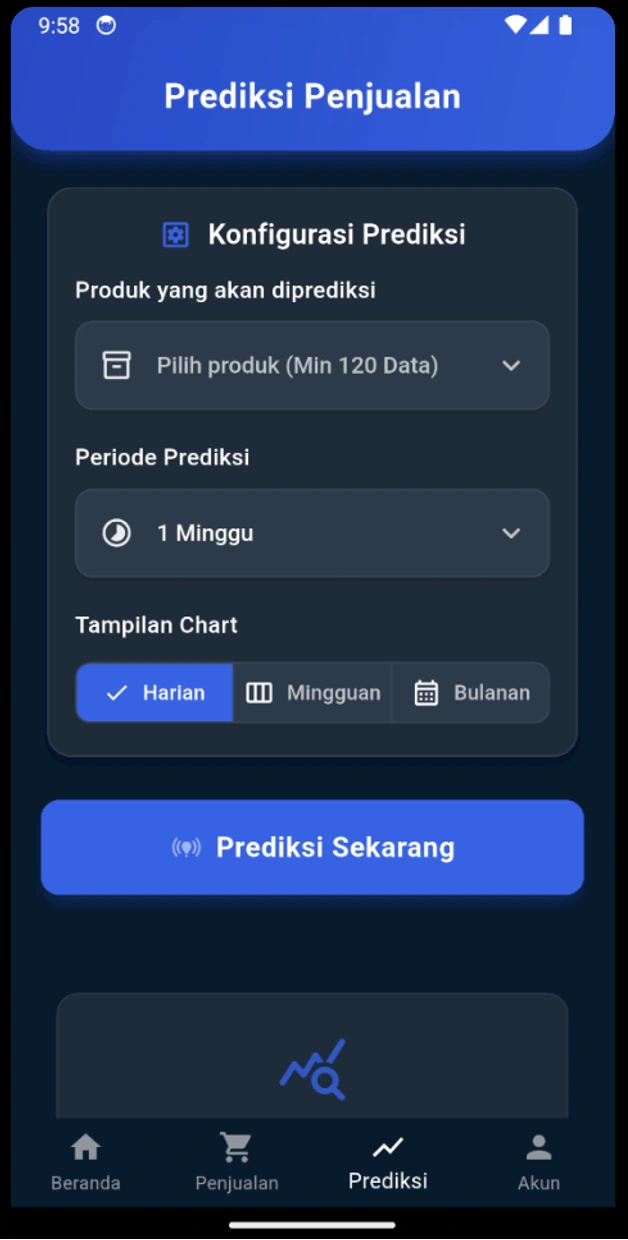 BizzGrow mobile forecasting settings with date and product inputs
