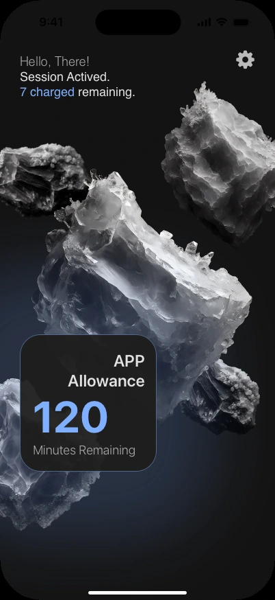 Kinetiq dashboard with floating rocks and 120 minutes of app allowance