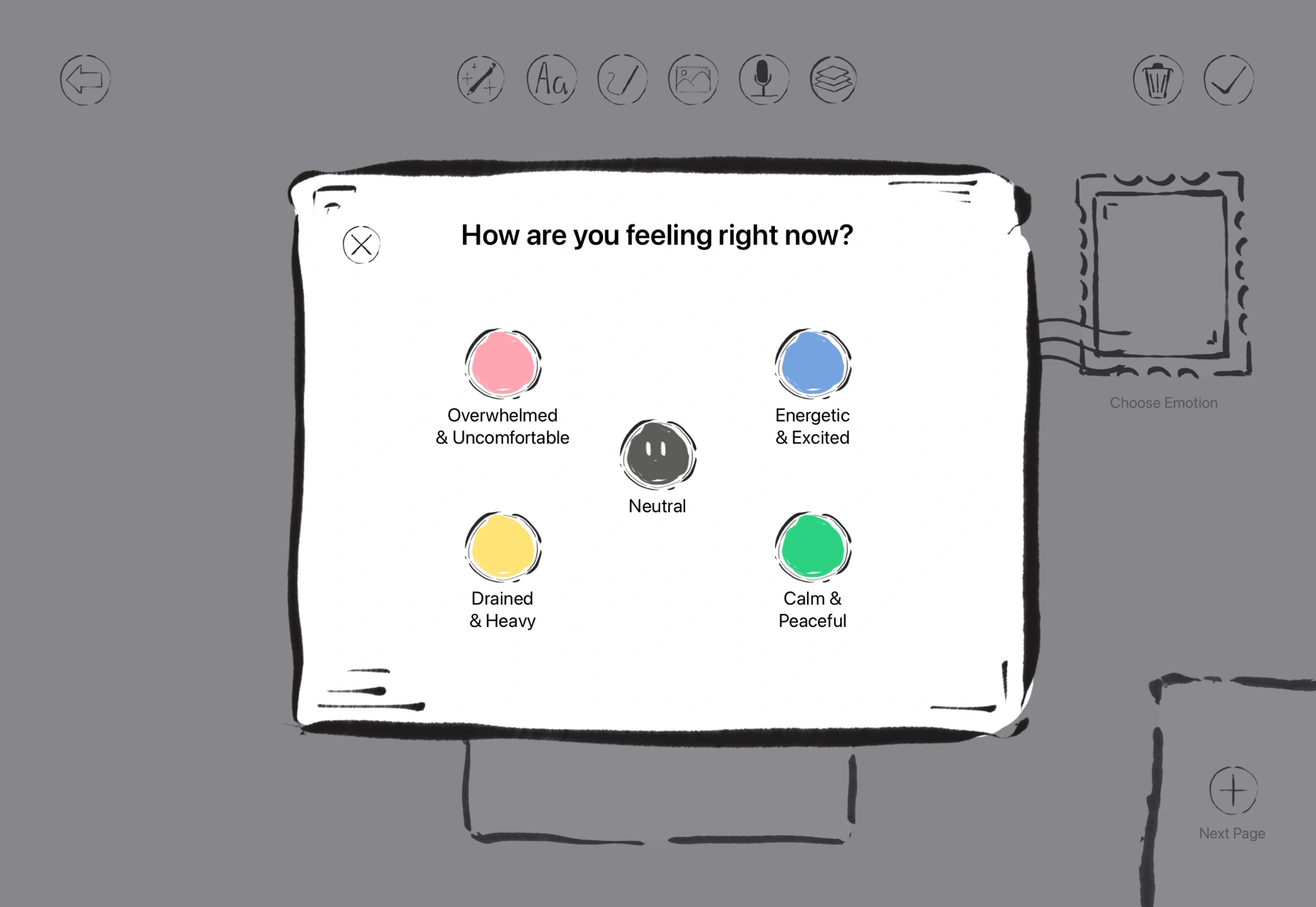 PostBox emotion picker with five colored mood stamps