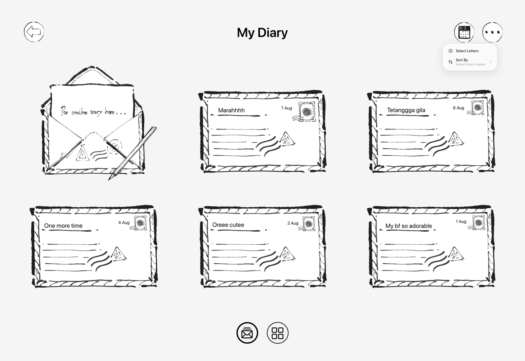 PostBox diary organized as a collection of illustrated envelopes
