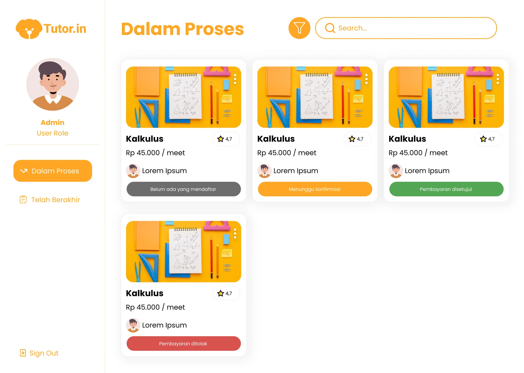 TutorIn administrator dashboard with payment approval statuses