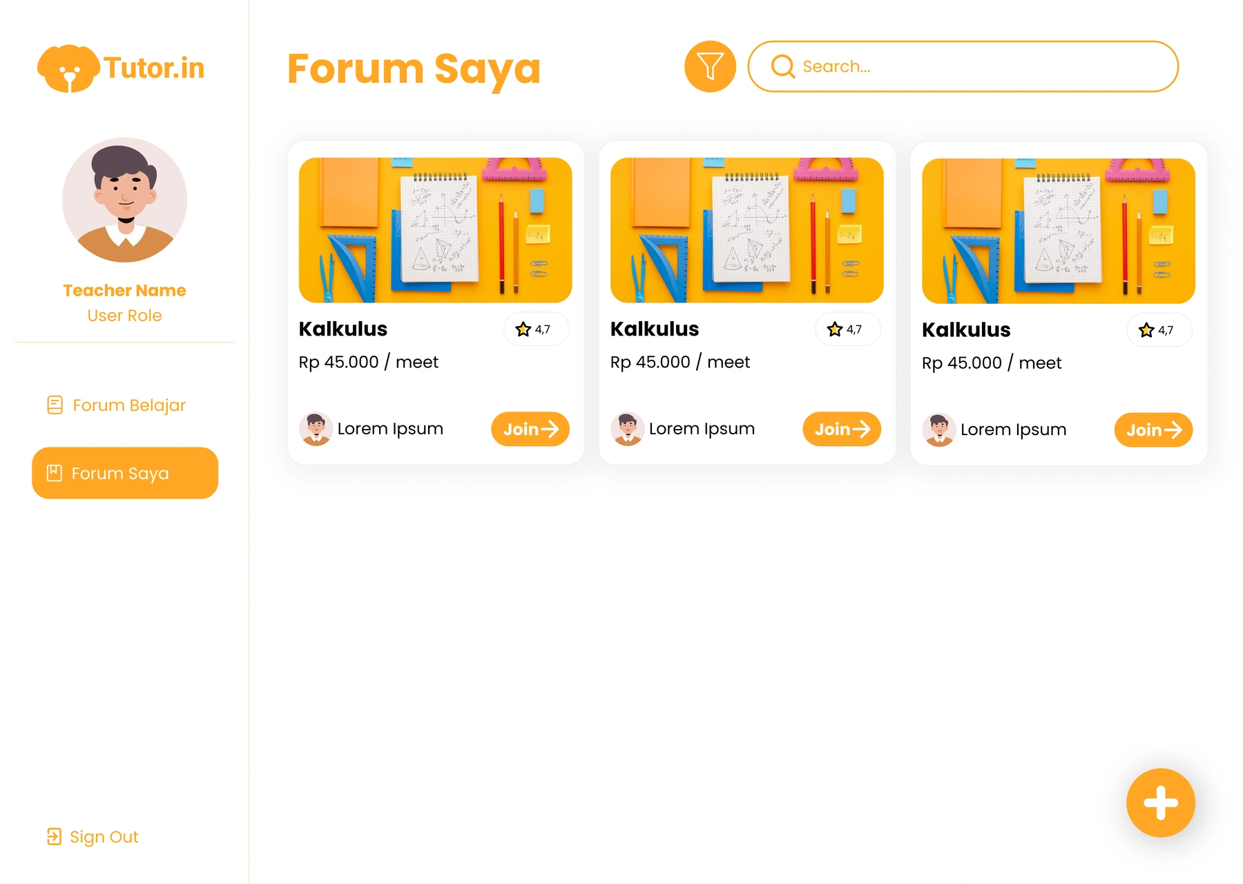 TutorIn instructor dashboard with tutoring forums and course cards