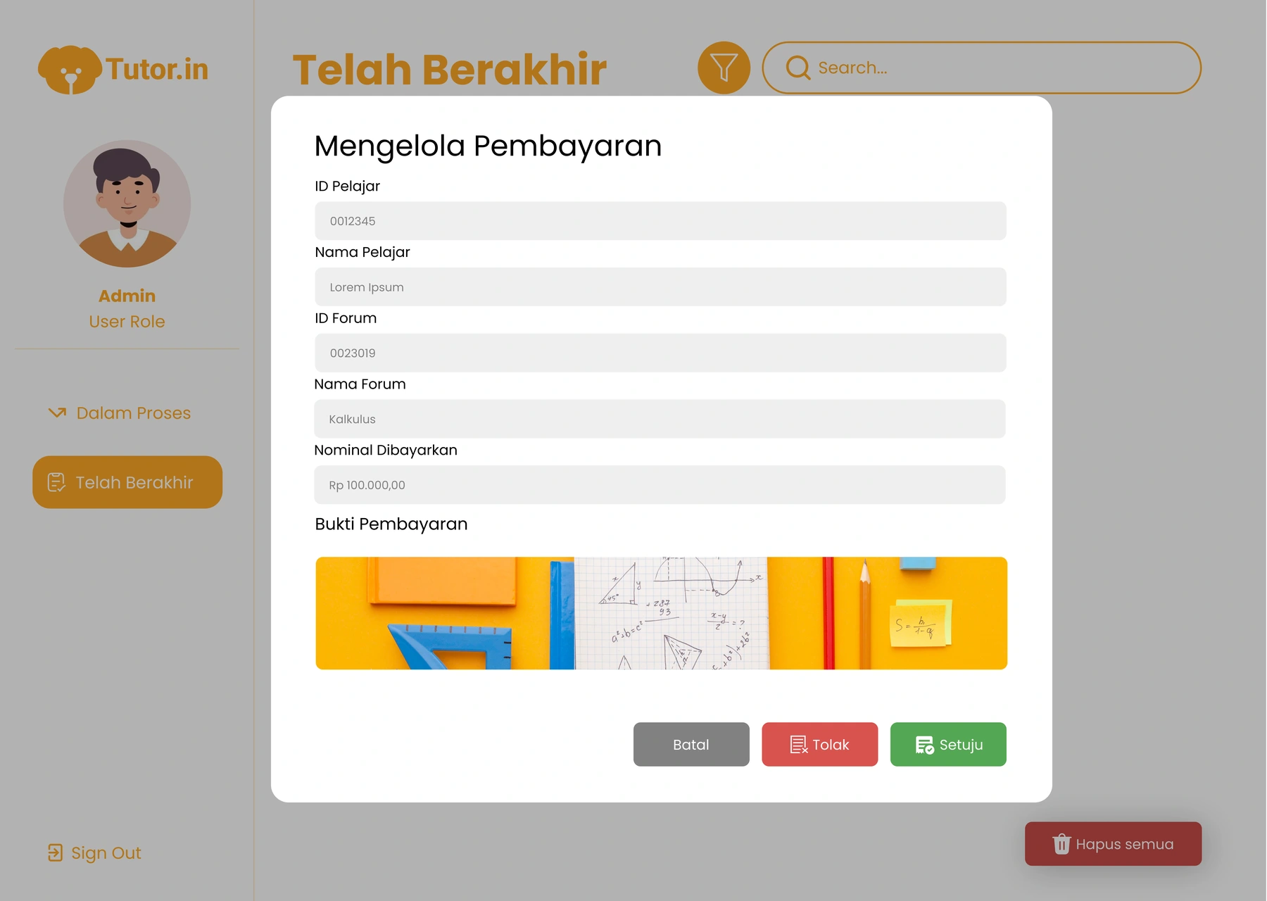 TutorIn payment verification dialog for a tutoring course