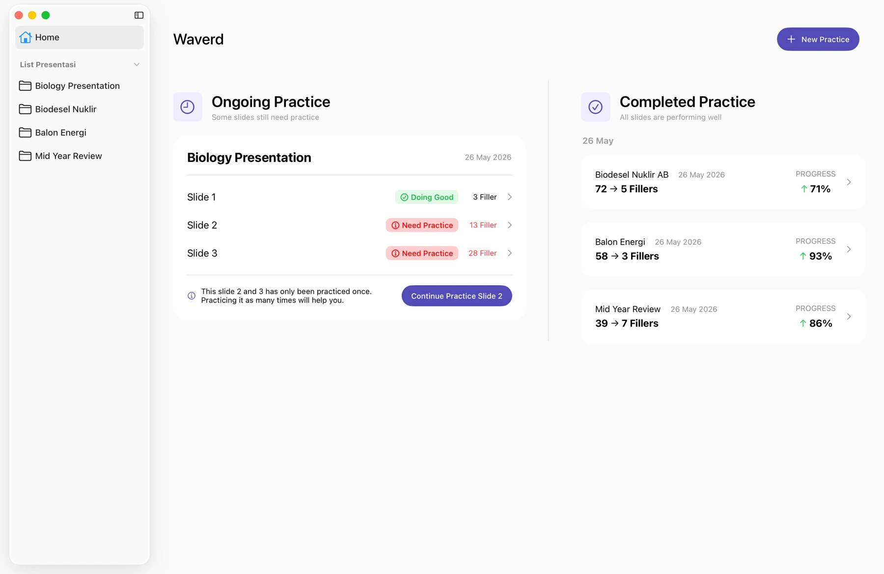 Waverd macOS dashboard showing ongoing and completed presentation practice
